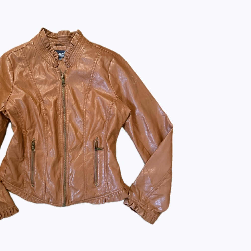 Women's Brown Ruffle Leather Jacket - Picture 2 of 2